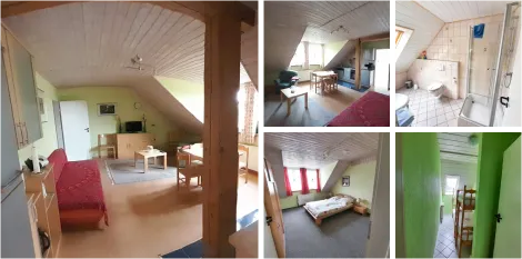 Nordseeferien in der Ferienwohnung Kräuterwiese. Es sind die zwei Schlafzimmer und der offen gestaltete Wohn-Ess-Kochbereich abgebildet. Sie können hier einen schönen Nordseeurlaub erleben.